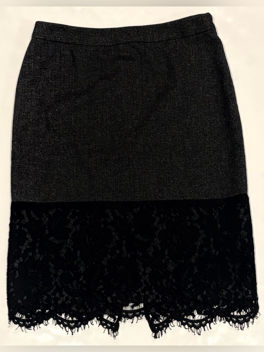Vince Camuto Charcoal Metallic Knit Pencil Skirt with Black Lace Hem - Size 2